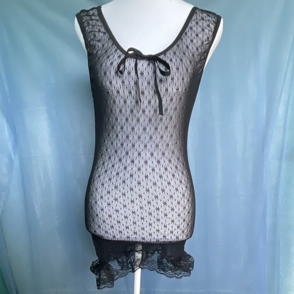 Women's Black Floral Lace Chemise Nightgown Sleeveless Bow Ruffle Scoop Neck